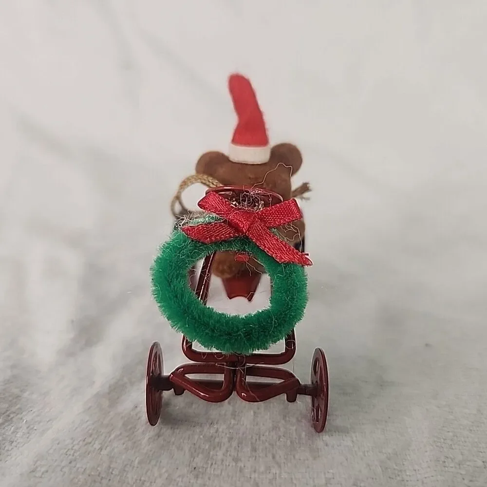 Red Metal Ornament Car With Flocked Teddy Bear & Wreath 1980’s Avon Vintage